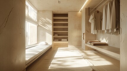 Minimalist dressing room, walk-in closet interior design concept.