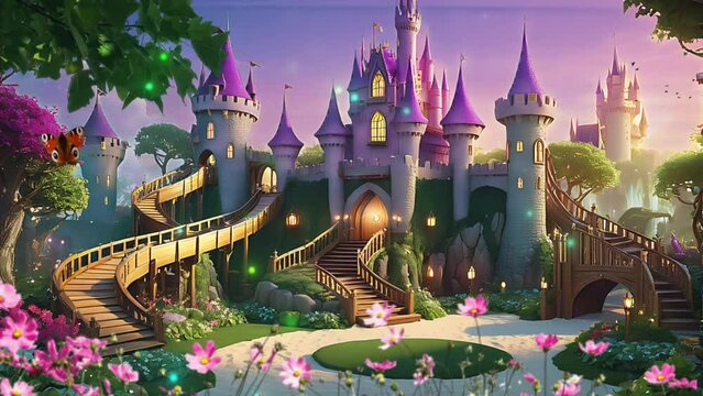 Fantasy Children's Park with a Magical Castle. Seamless looping 4k time-lapse virtual video animation background