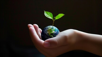 手のひらの地球から芽が生える様子
