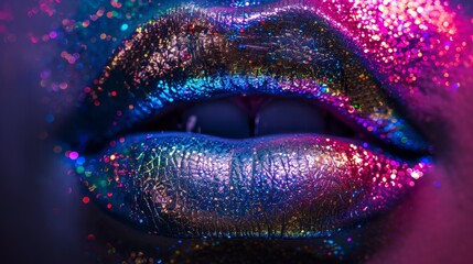 Vibrant glitter lips under colorful lighting