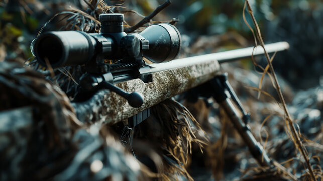 a long-barreled sniper rifle was in the bushes ready for action
