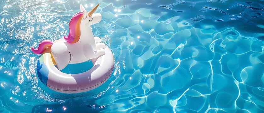 Inflatable unicorn float ring in a sunny pool, adding a fun element to a summer pool party