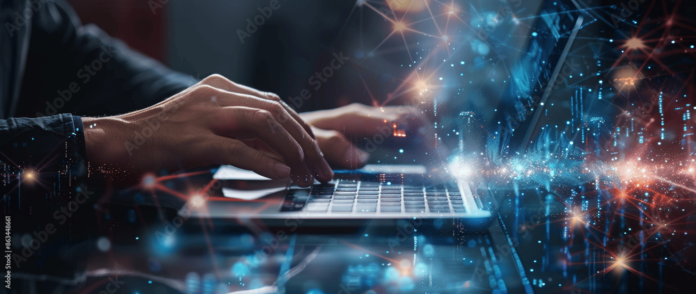 Poster digital data transfer concept, business man using laptop with network connections in futuristic tech