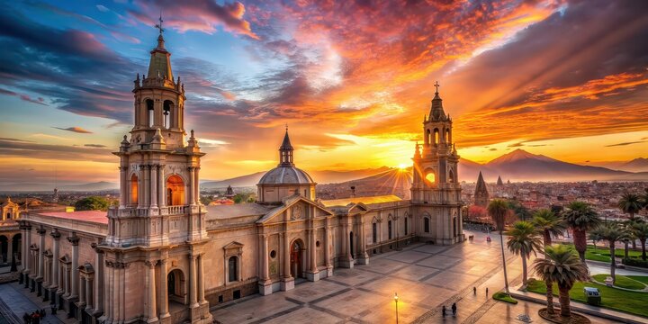 Cathedral in Arequipa, Peru with stunning sunset view, Arequipa, Cathedral, Sunset, Peru, Landmark, Architecture