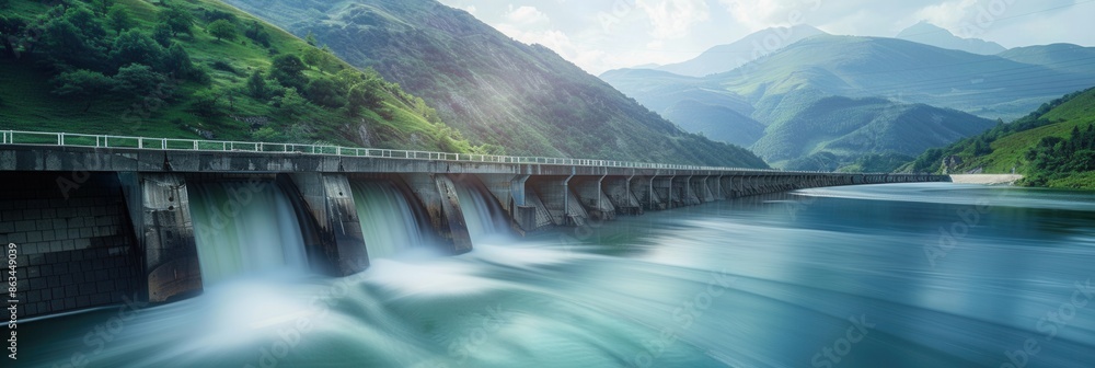 Aufkleber a hydroelectric dam in a mountainous landscape with water flowing through the dam and generating pow
