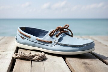 Obraz premium Boat Shoes: Light blue boat shoes on a whitewashed wooden deck background.