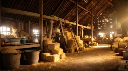 わらのある農家の納屋、農業の風景