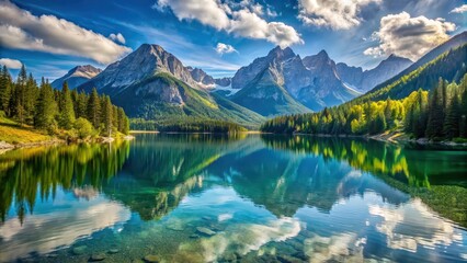 Fototapeta premium Scenic view of a tranquil lake surrounded by majestic mountains, nature, landscape, water, reflection, outdoors, serene