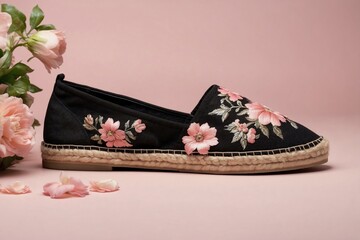 Espadrilles Shoes: Black espadrilles on a solid pastel pink background.