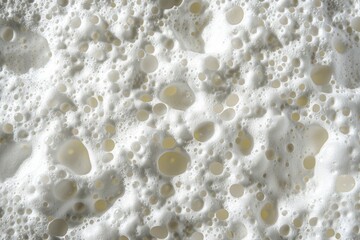 The image is of a white foam with many bubbles. The bubbles are scattered all over the foam, creating a textured and bubbly appearance. The foam seems to be a mixture of milk and air
