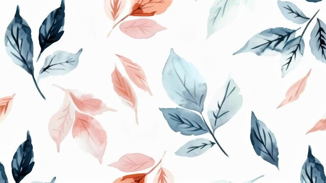 Delicate watercolor pattern of leaves in soft pastel hues. Blue, peach, and gray tones create a serene atmosphere. Leaves arranged in a loose, organic layout on white background.
