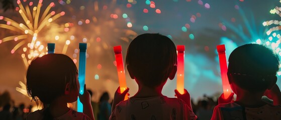 Kids holding glow sticks while watching the fireworks, adding to the excitement of the evening