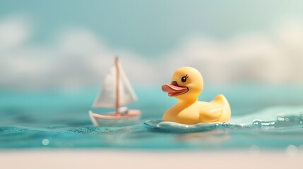 A yellow rubber ducky floats in the ocean with a small sailboat in the background.