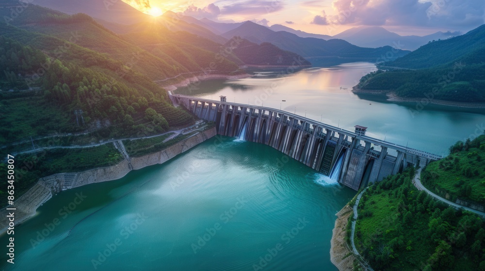 Aufkleber aerial view of a hydroelectric dam nestled within a mountainous landscape, with water flowing throug