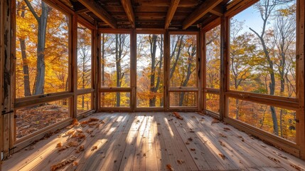 Fototapeta premium A large open room with a view of trees and leaves. The room is empty and has a lot of natural light coming in through the windows