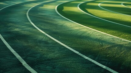 A track with white lines and green grass. The track is surrounded by trees