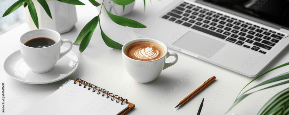 Poster a laptop is on a table with two cups of coffee and a notebook. the coffee cups are placed on either 