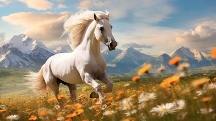 A graceful horse running freely through a field of wildflowers, 