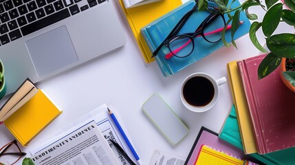 A contemporary workspace featuring a laptop, textbooks, and a cup of coffee, highlighting the blend of traditional and modern methods of learning. Generative AI