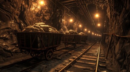 Naklejka premium Underground Mine with Rail Carts Carrying Ore, Generative AI