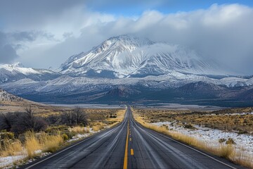 A long road with a mountain in the background. The road is empty and the sky is cloudy