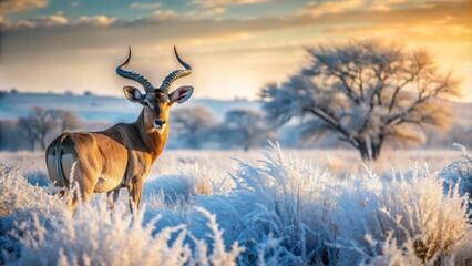 Majestic african mammal stands resilient amidst winter's chilling winds, glistening eyes fixed on the vast, frosty expanse of the african bushveld landscape.