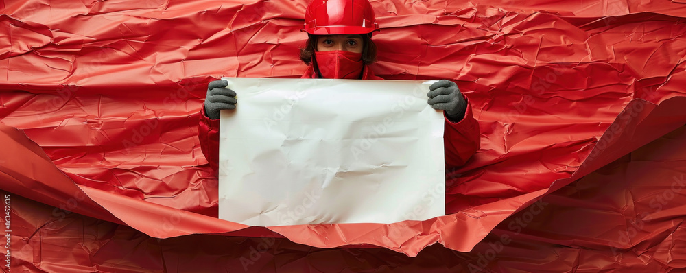Poster a person is holding a white sign in a red background. the sign is blank, which could symbolize a mes
