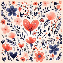 A vector illustration of various flowers and hearts in coral pink