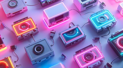 Neon colors with iconic 80s symbols like cassette tapes and boomboxes., isolated white background, Retro 80s synthwave, Photo stock style, clean background, no copyrighted logo, no letters