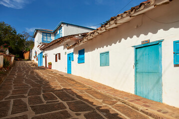 Colonial cobbled street of Barichara, the most beautiful village in Colombia.