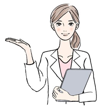 カルテを持って案内する白衣の女性医師のイラスト