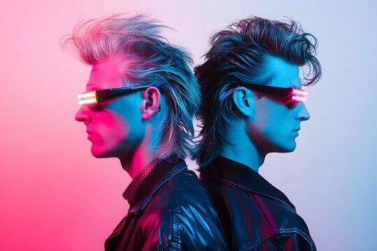 Mullets illuminated by dynamic LED light signs, celebrating 80s hairstyles., isolated white background, Retro 80s synthwave, Photo stock style, clean background, no copyrighted logo, no letters