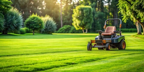 Zero turn lawn mower cutting grass in a clean lawn , landscaping, maintenance, equipment, lawn care, mowing, outdoors