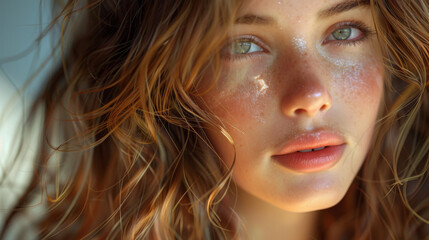 Naklejka premium Brunette girl with long and shiny wavy hair . Beautiful model with curly hairstyle