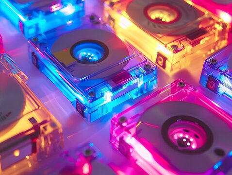 Mixtapes adorned with bright LED light signs, evoking the era of personalized playlists., isolated white background, Retro 80s synthwave, Photo stock style, clean background, no copyrighted logo, no