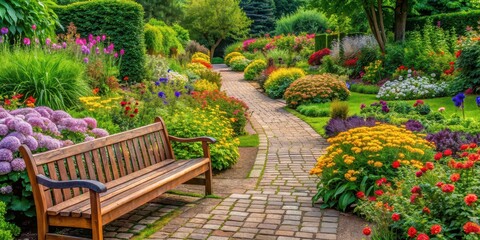 Tranquil garden path with vibrant flowerbeds and wooden benches , serene, inviting, outdoor space, garden, path, flowers