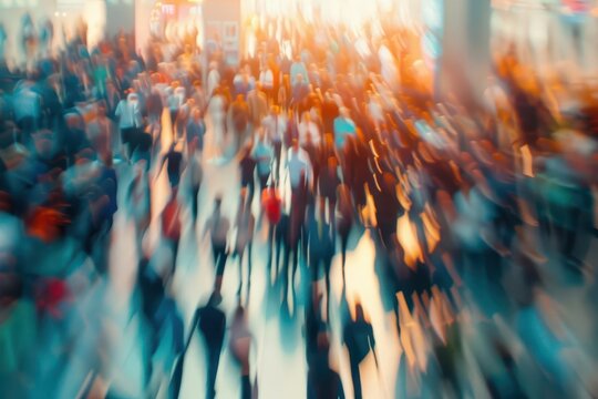 abstract blurred crowd at trade show expo business and industry event background