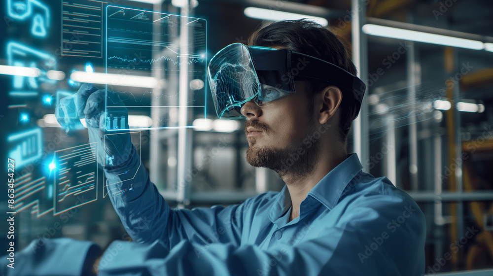 Poster data analyst using augmented reality technology for data monitoring, digital business data virtual d