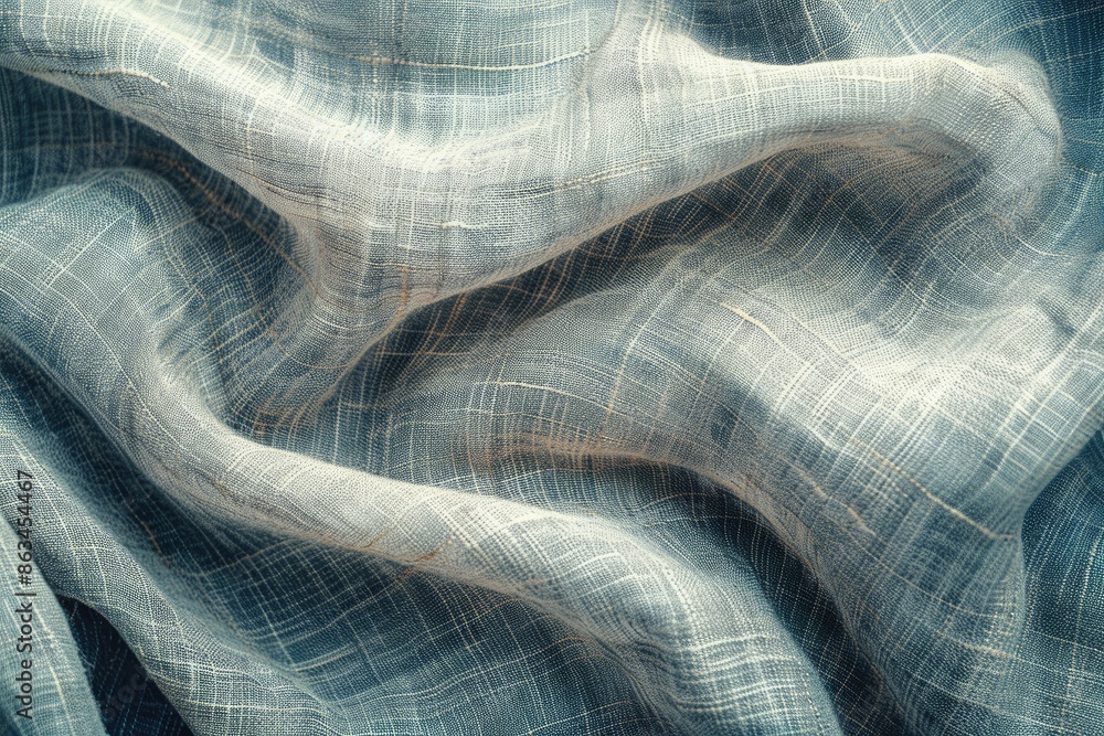 Poster a piece of fabric with a pattern of white and blue. the fabric is folded and has a wavy texture