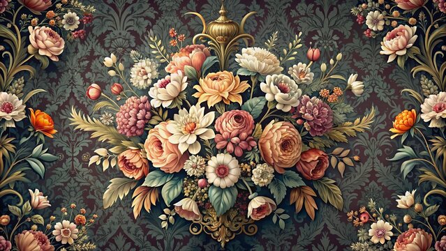 Delicate, ornate vintage floral bouquet on dark background with intricate baroque patterns, reminiscent of old-fashioned elegance, perfect for natural wallpaper, greeting cards, or print designs.