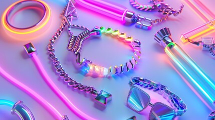 Neon-colored 80s jewelry and accessories with LED highlights., isolated white background, Retro 80s synthwave, Photo stock style, clean background, no copyrighted logo, no letters