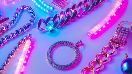 Obraz premium Neon-colored 80s jewelry and accessories with LED highlights., isolated white background, Retro 80s synthwave, Photo stock style, clean background, no copyrighted logo, no letters