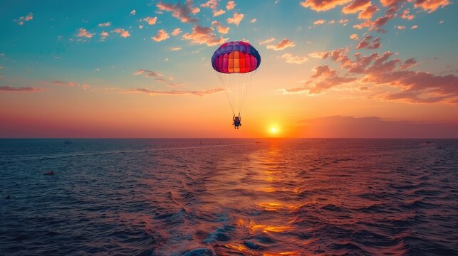 A colorful parachute is flying over the ocean at sunset. The sky is filled with a warm, orange glow, and the water is calm and serene. The scene is peaceful and relaxing
