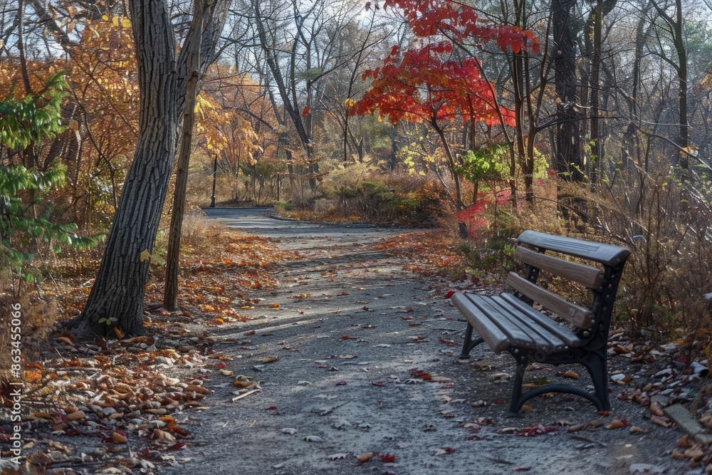 Aufkleber a path with a bench and trees in the background. the leaves are falling from the trees