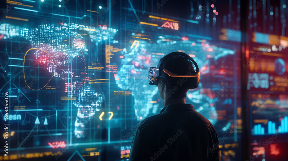 Poster data analyst using augmented reality technology for data monitoring, digital business data virtual d
