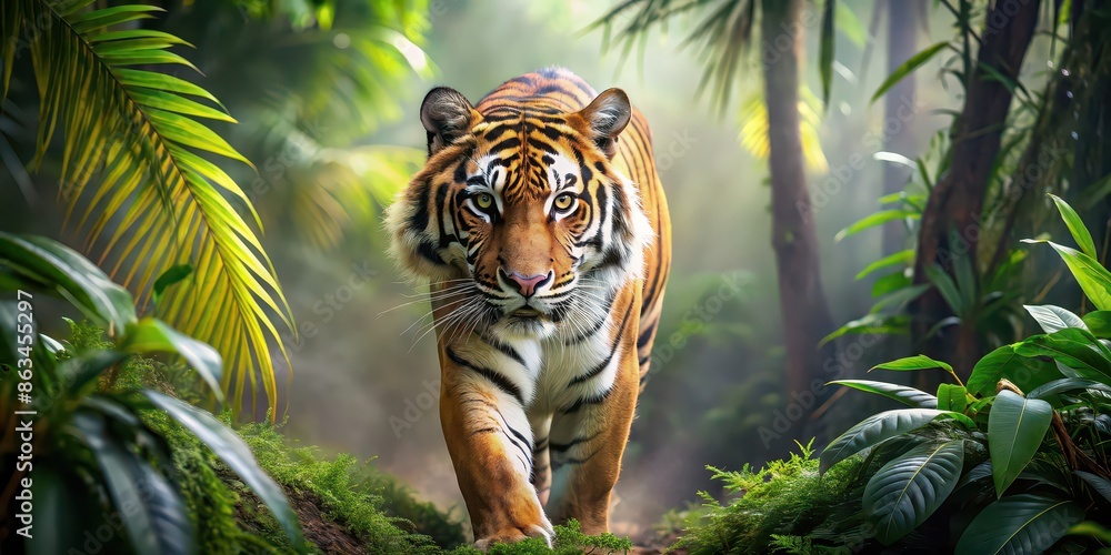 Wall mural Majestic tiger prowling through dense jungle habitat, wildlife, predator, exotic, feline, nature, powerful, striped, carnivore