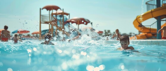 Water park with a wave pool and kids playing, showcasing a popular summer attraction