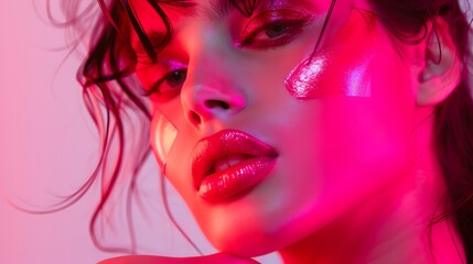Obraz premium Brightly colored 80s makeup styles highlighted by LED lights., isolated white background, Retro 80s synthwave, Photo stock style, clean background, no copyrighted logo, no letters