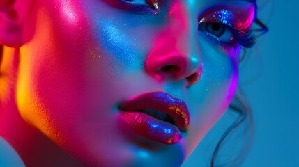 Brightly colored 80s makeup styles highlighted by LED lights., isolated white background, Retro 80s synthwave, Photo stock style, clean background, no copyrighted logo, no letters