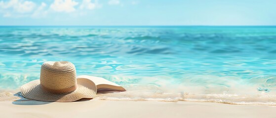 Tropical beach scene with an open book and a sunhat, set against the backdrop of crystalclear blue waters